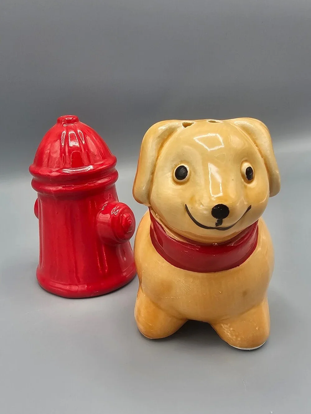 Vintage Ceramic Dog and Fire Hydrant Salt and Pepper Shakers